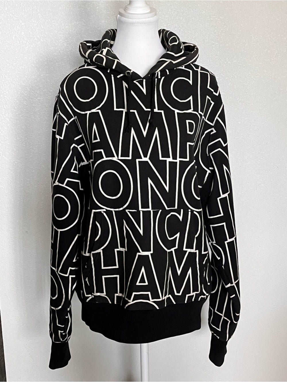 Champion Reverse Weave All Over Print Big Block Logo Hoodie Black White Size M